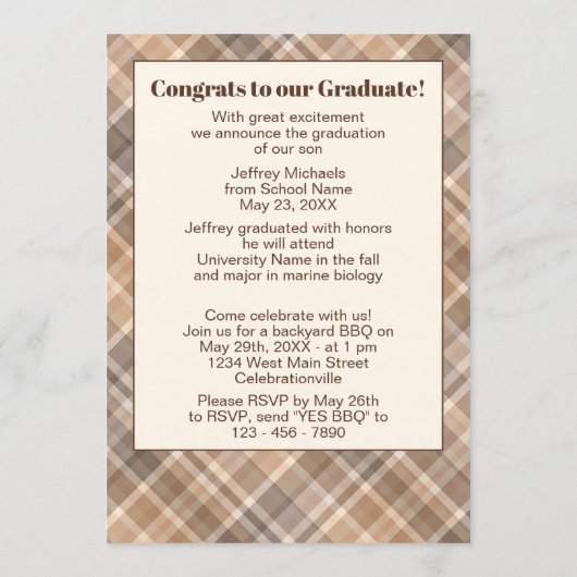 Bekendmaking van het Afstuderen Brown Beige Tartan Aankondiging (Achterkant)