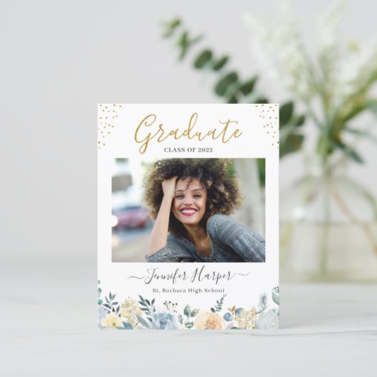 Bekendmaking van het Afstuderen Dusty Blue Floral (Staand voorkant)