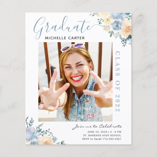 Bekendmaking van het Afstuderen Dusty Blue Floral (Voorkant)