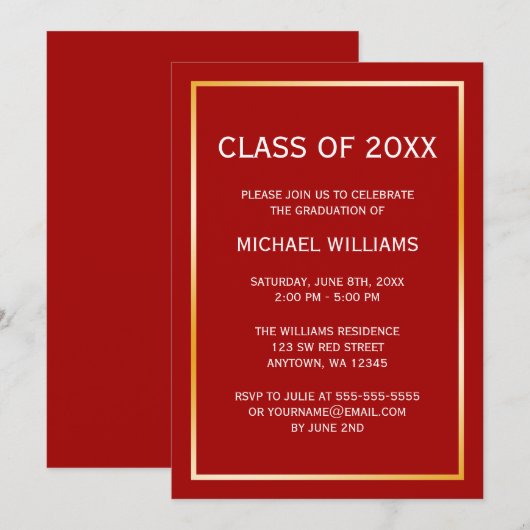 Bekendmaking van het Afstuderen Red Gold Border Kaart (Voorkant / Achterkant)