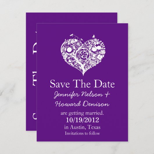 Bekendmaking van het Paarse en witte harthuwelijk Save The Date (Voorkant / Achterkant)