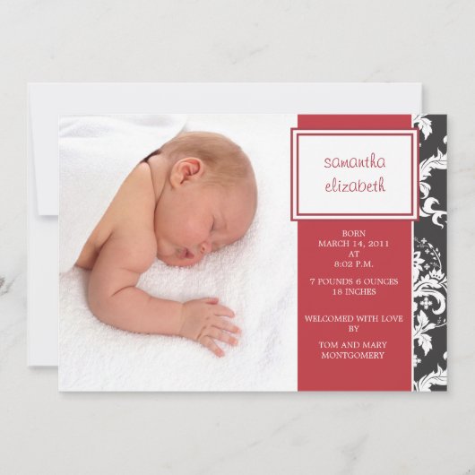Bekendmaking van Red Ribbon en Damask Birth Aankondiging (Voorkant)