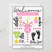 Bekendmaking van roze Girls Unicorn Birth Stats Kaart (Voorkant)