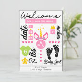 Bekendmaking van roze Girls Unicorn Birth Stats Kaart (Staand voorkant)