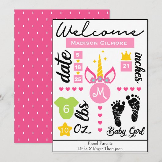 Bekendmaking van roze Girls Unicorn Birth Stats Kaart (Voorkant / Achterkant)