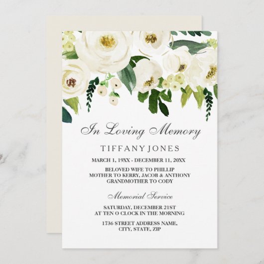 Bekendmaking White Floral Funeral Memorial Service Kaart (Voorkant / Achterkant)