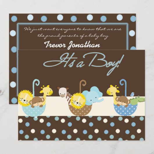 Bekendmakingskaart van Brown Blue Baby Boy Aankondiging (Voorkant / Achterkant)