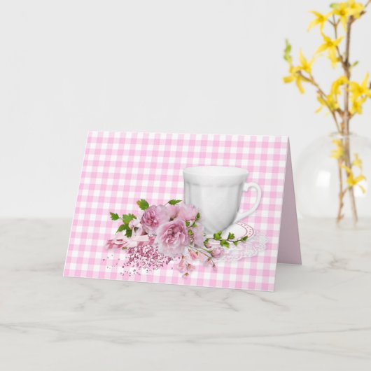 beker en saucer met roze pony kaart (Gele Bloem)