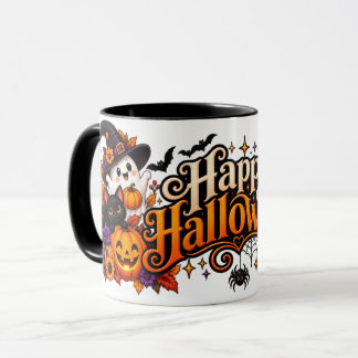 Beker 'Happy Halloween' met Moppige Geesten, Zwart Mok