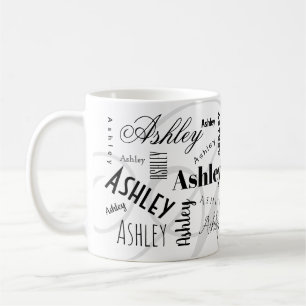 Beker met eigen naam Ashlley zwart wit Koffiemok