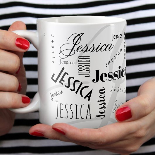 Beker met eigen naam Jessica Zwart Wit Koffiemok