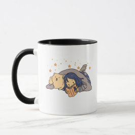 Beker Met Koffie Het Meisje Liggend Lezen Van Een Mok