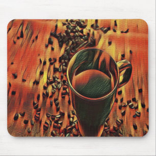 Beker met koffie op koffiebonen muismat