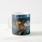Beker met nevelige bosspoorweglantaarnpassage koffiemok (Voorkant links)