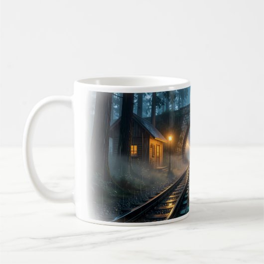 Beker met nevelige bosspoorweglantaarnpassage koffiemok (Links)