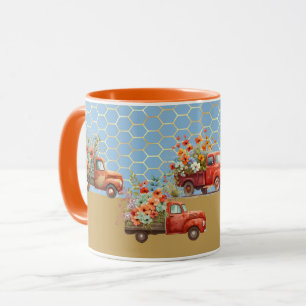 Beker met rode vrachtwagens en bloemen mok
