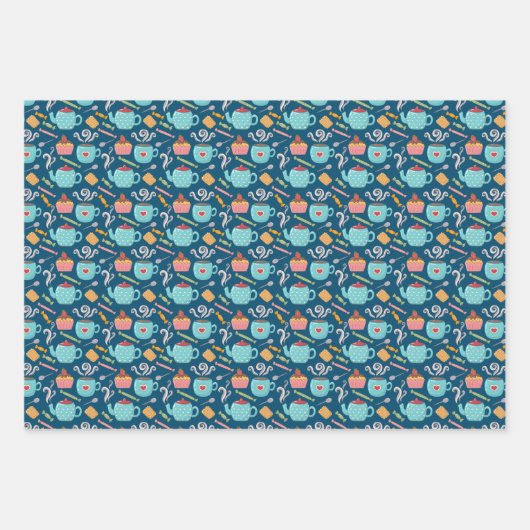 Beker van Coffee Tea Biscuit Cupcake Teapot Blue Inpakpapier Vel (Voorkant)