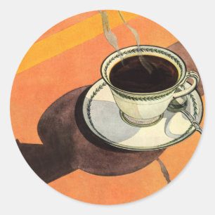  beker van koffie, saucer, Spoon, Retro Diner Ronde Sticker