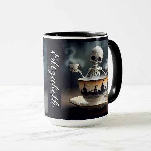 Beker van Skeleton met de naam Halloween Mok (Voorkant rechts)
