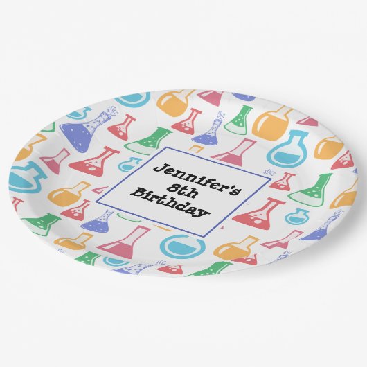 Bekers en Flasks Fun Science Patroon Verjaardag Papieren Bordje (Gekanteld)