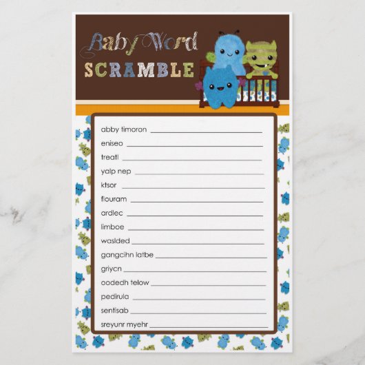 Bekijk een Boo Monsters Baby shower Word Scramble (Voorkant)