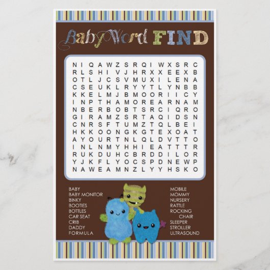 Bekijk een Boo Monsters Baby shower Word Zoeken (Voorkant)