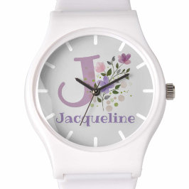 Bekijk een Floral Design met naam en Initiaal Horloge