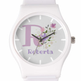 Bekijk een Floral Design met naam en Initiaal Horloge