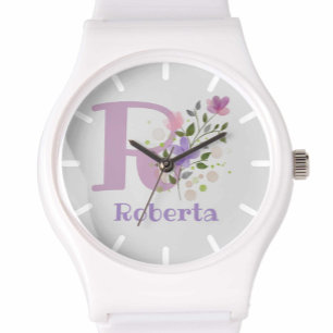 Bekijk een Floral Design met naam en Initiaal Horloge