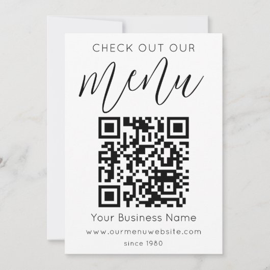 Bekijk ons menu QR Code Zwart Wit Chic Modern (Voorkant)