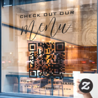 Bekijk onze menukaart QR-code zwart-wit chic moder Raamsticker