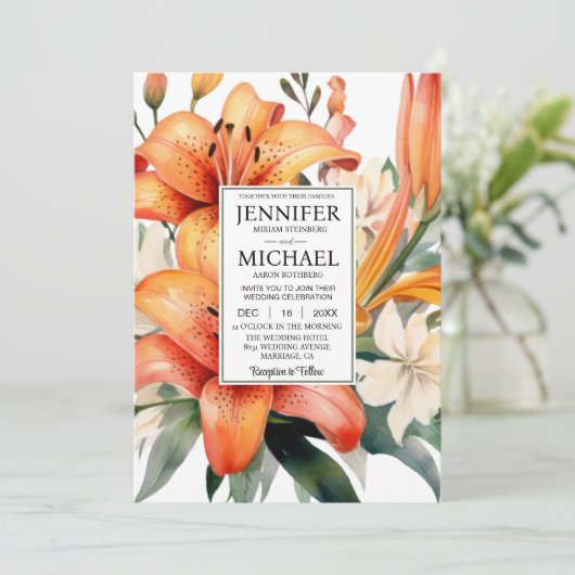 BEKIJK TERUG All-in-One Tiger Lily Wedding Invitat Kaart (Staand voorkant)