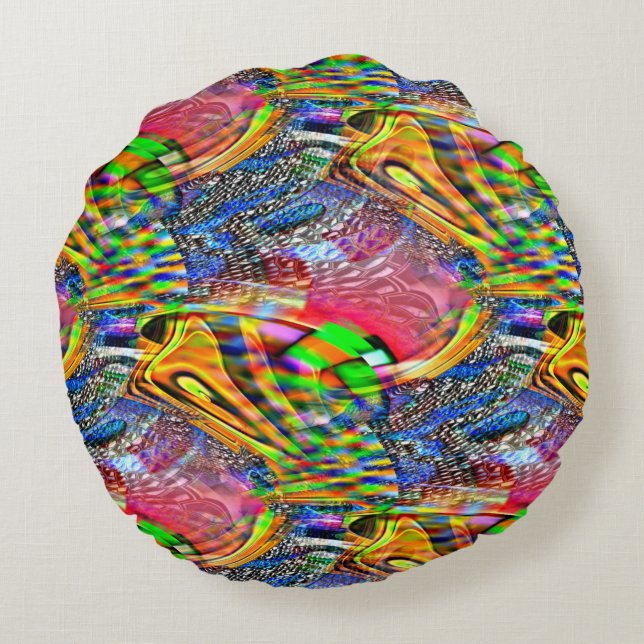 Bekleding van heldere levendige kleuren op ruwe ac rond kussen (Achterkant)