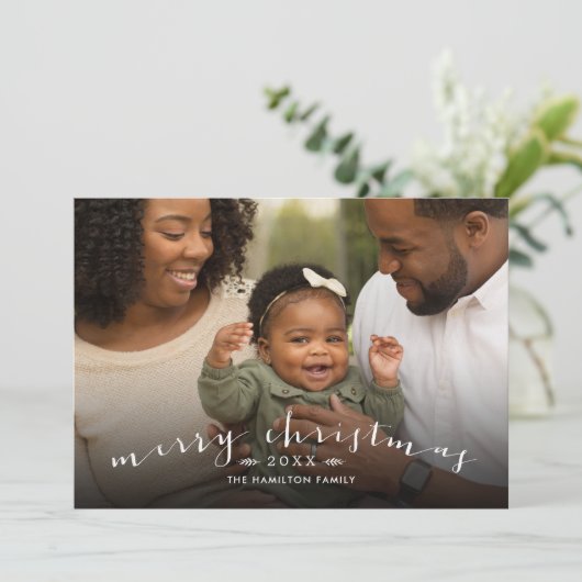 Bekledingsfoto voor Kerst Chic Script Feestdagenkaart (Staand voorkant)