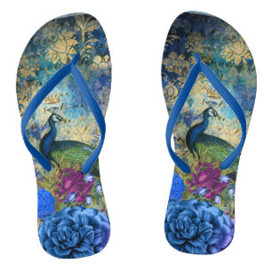 Bekroond Pauw Blauw en Paarse Bloemen Teenslippers