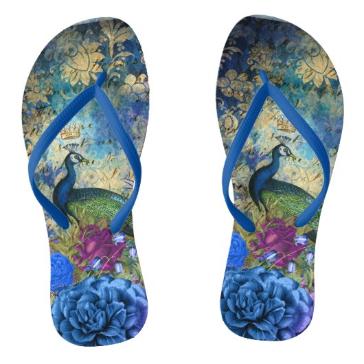 Bekroond Pauw Blauw en Paarse Bloemen Teenslippers (Voetbed)