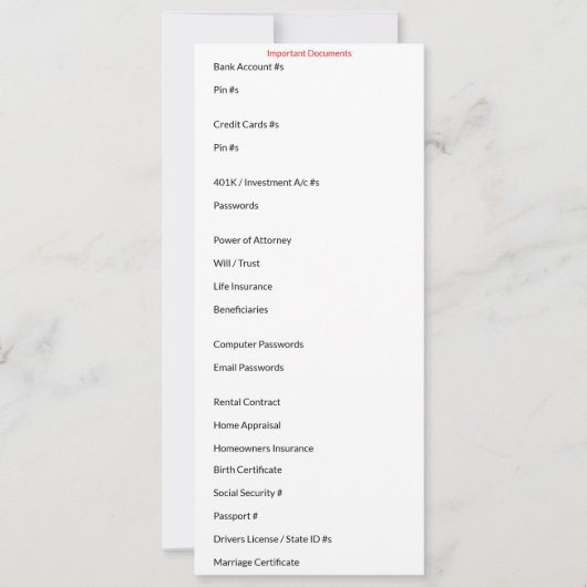 Belangrijke documenten Kaart (Voorkant)