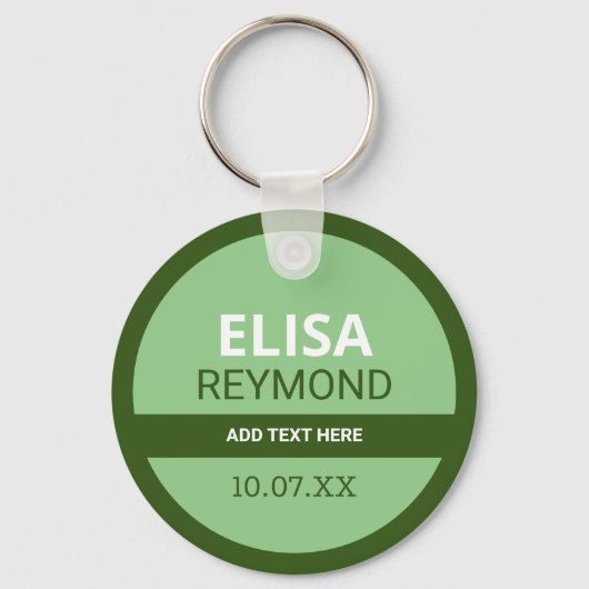 belangrijkste houder met naam en datum op groen sleutelhanger (Voorkant)