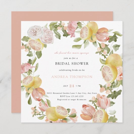 Belangrijkste squeeze | Citrus | Roze Bloemen Vrij Kaart (Voorkant / Achterkant)