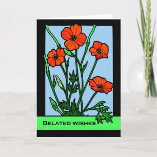 Belated Birthday Wishes, Red Poppies, Illustratie Kaart