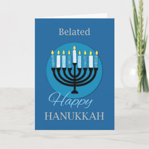 Belated Hanukkah Menorah op Dark Blue Kaart