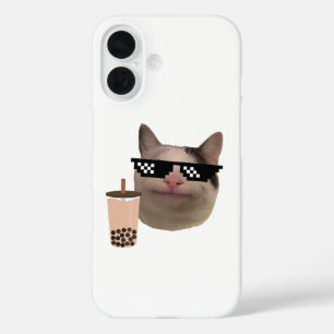 Beleefde kattenmeme met swagbril en Boba-drank iPhone 16 Hoesje