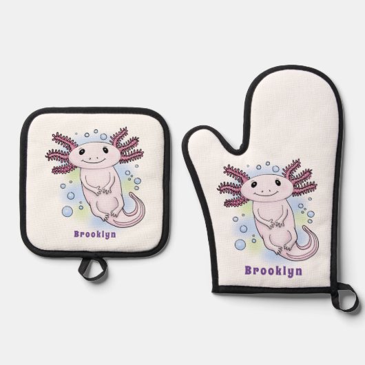 Belegend pink axolotl ovenwant & pannenlap set (Voorkant)
