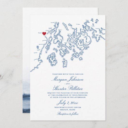Belfast Maine Map Wedding Invitation - Penobscot Kaart (Voorkant / Achterkant)