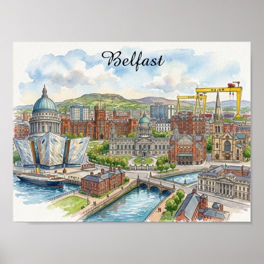 Belfast Noord-Ierland Stadspanorama Aquarel Kunst Poster (Voorkant)