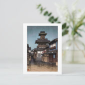 Belfry in Okayama, Hasui Kawase, Woodcut Briefkaart (Staand voorkant)
