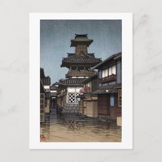 Belfry in Okayama, Hasui Kawase, Woodcut Briefkaart (Voorkant)