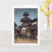 Belfry in Okayama, Hasui Kawase, Woodcut Kaart (Gele Bloem)