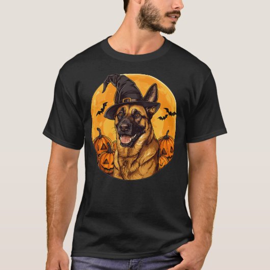 Belgian Malinois Dog Whitch Hat Halloween Pumpkin  T-shirt (Voorkant)
