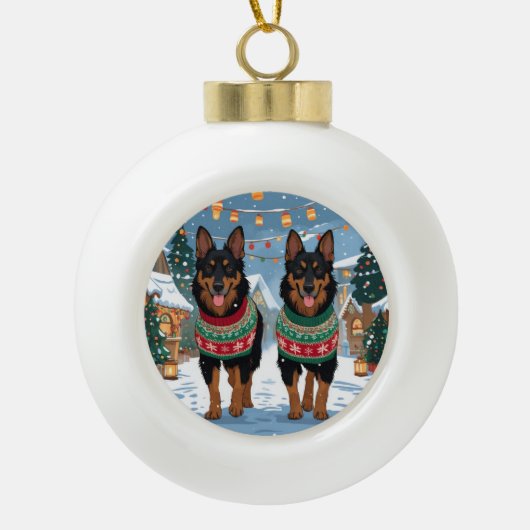 Belgian Malinois Dogs Christmas Snow Holiday Keramische Bal Ornament (Voorkant)